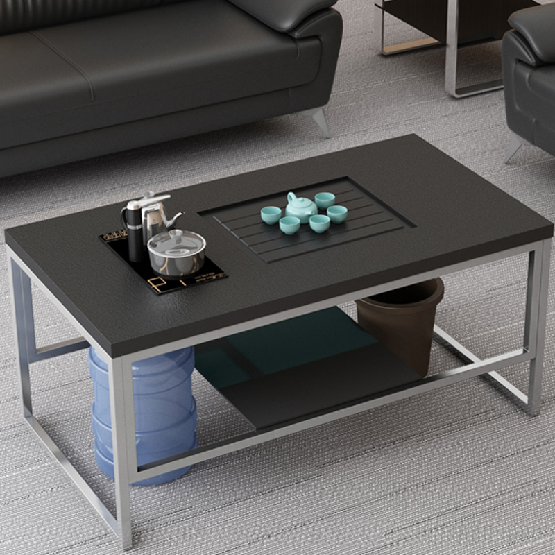 办公室功夫茶几不锈钢现代简w约钢化玻璃茶几火烧石功夫茶几全自