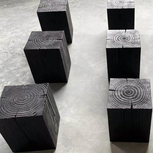 方形实木黑碳化根雕复古木墩凳子花架民宿酒店玄关艺术摆件侘寂风