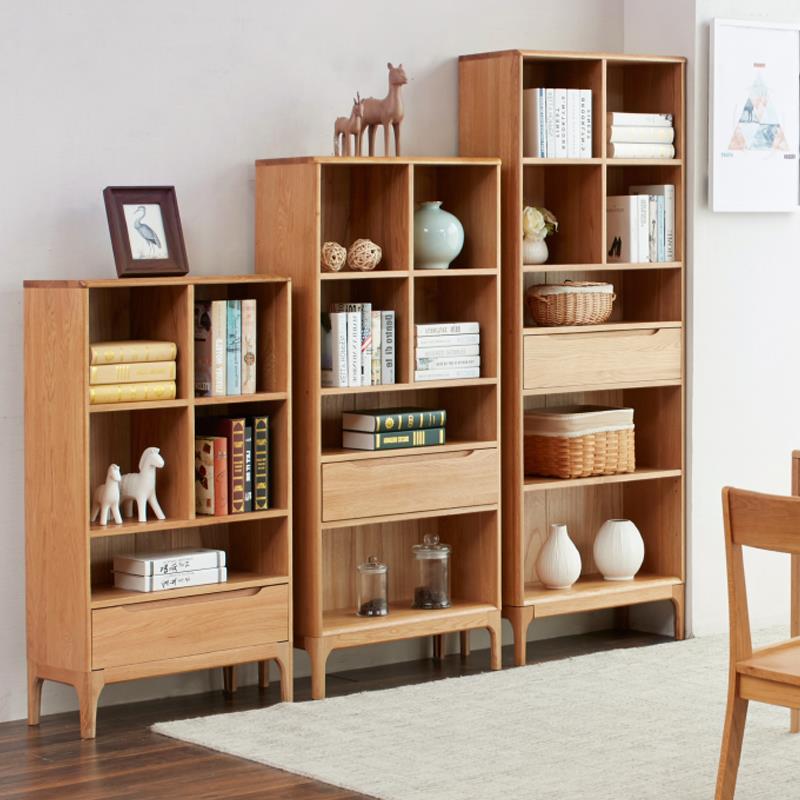 日式橡木书架实木简约现代落地北欧开放式组合书柜置物架原木色