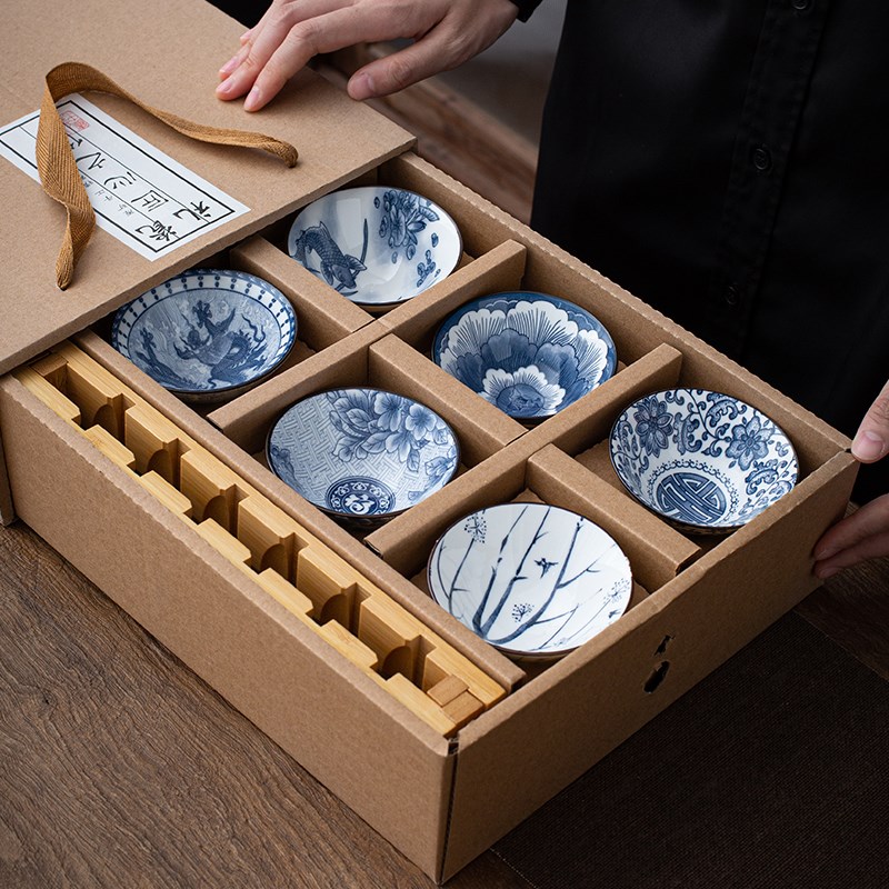 青花斗笠杯茶杯含杯m架礼盒送礼茶具陶瓷复古茶碗中式茶盏品茗杯