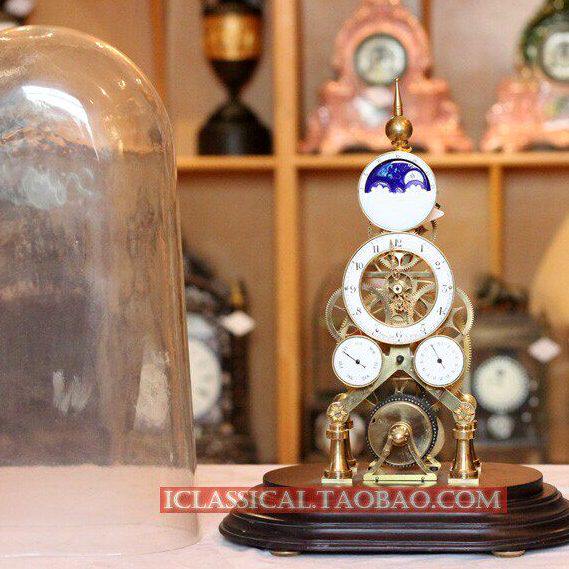 仿古 欧式 古典 机械座钟 镀金星辰日月骨架钟