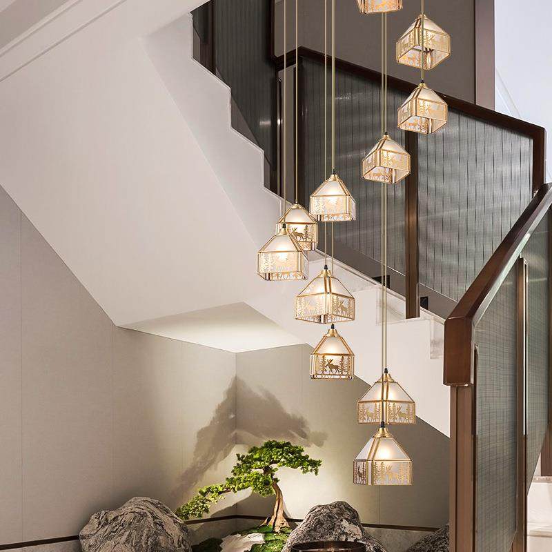新中式全铜楼梯灯欧式简约复式别墅民宿跃层中空旋转楼梯间长吊灯