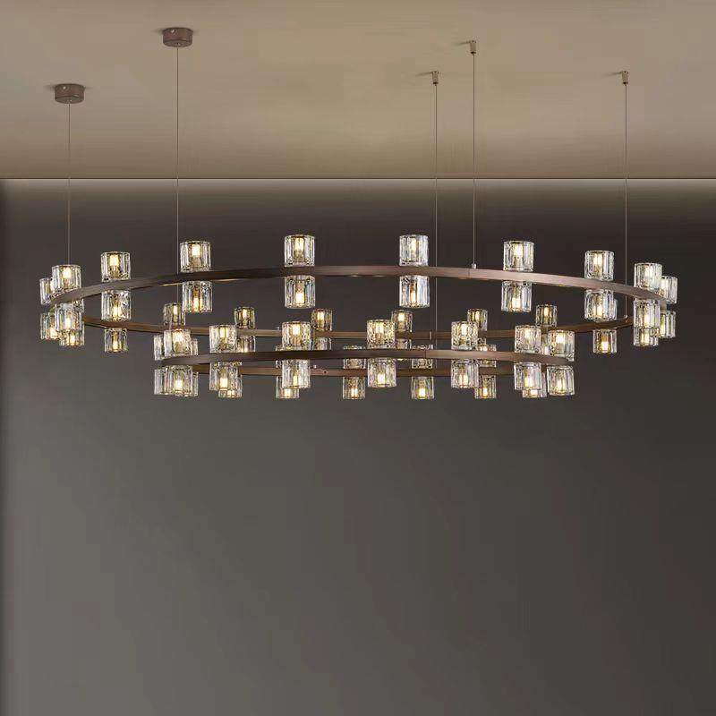 新中式餐厅包厢吊灯酒店大堂饭店包间家用客厅圆形玻璃双层水晶灯