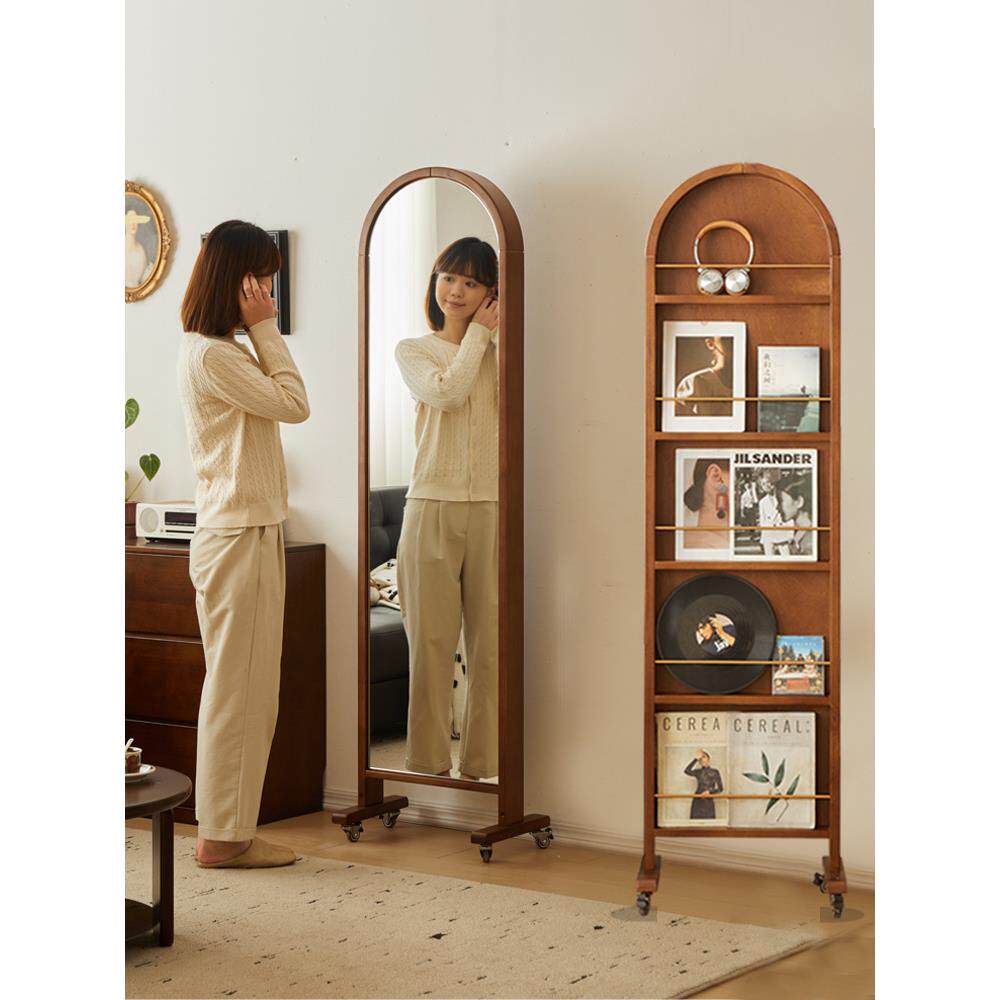 中古实木全身镜可移动落地法式复古收纳杂志书架一体旋转穿衣镜子