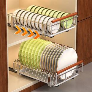 不锈钢厨房碗盘架抽拉碗碟收纳架下橱柜拉篮抽屉式盘子沥水置物架