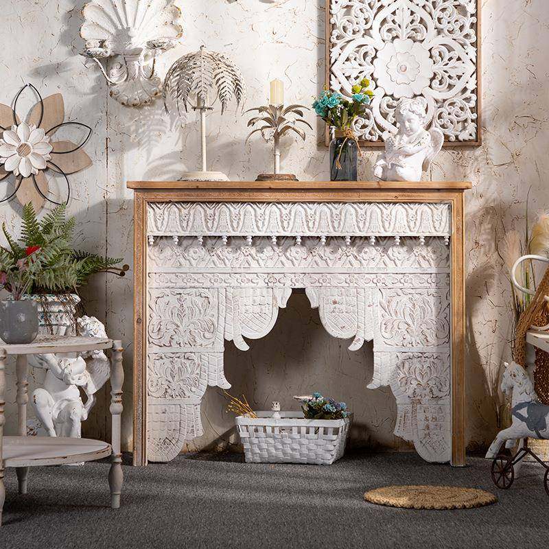 法式复古实木壁炉客厅玄关雕花壁炉柜民宿做旧靠墙壁炉店铺装饰架
