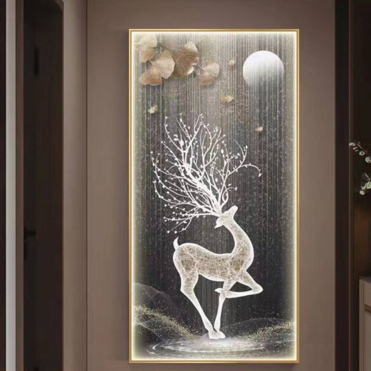 入户玄关装饰画走廊过道挂画进门正对墙画麋鹿带灯轻奢风新中式