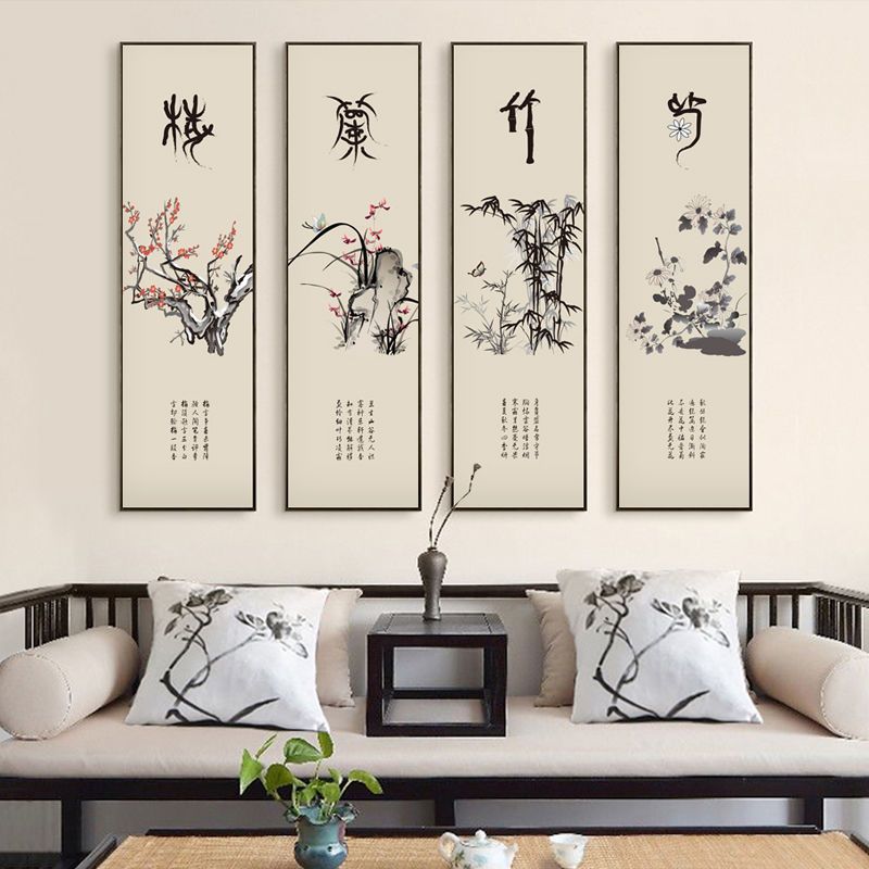 大芬油画村挂画客厅中式梅兰竹菊装饰画四联水墨荷花国画书房茶室