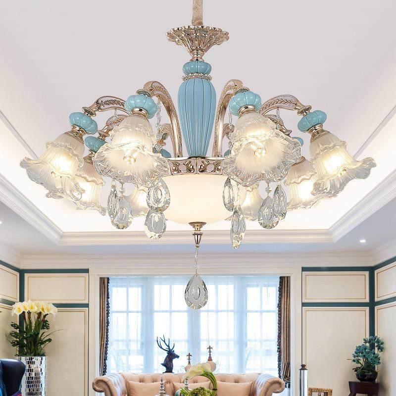 法式客厅吊灯奢华大气陶瓷水晶蓝色灯罩朝下卧室餐厅法式简欧灯具