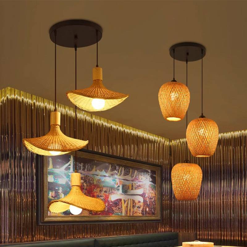 竹编藤编复古三头吊灯复古创意餐厅卧室民宿酒店茶室手工编织灯具