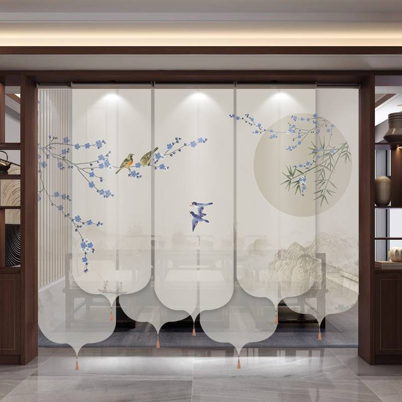中式卷帘茶室半透屏国风画门帘软隔断窗帘遮光遮阳升降禅意隔断帘