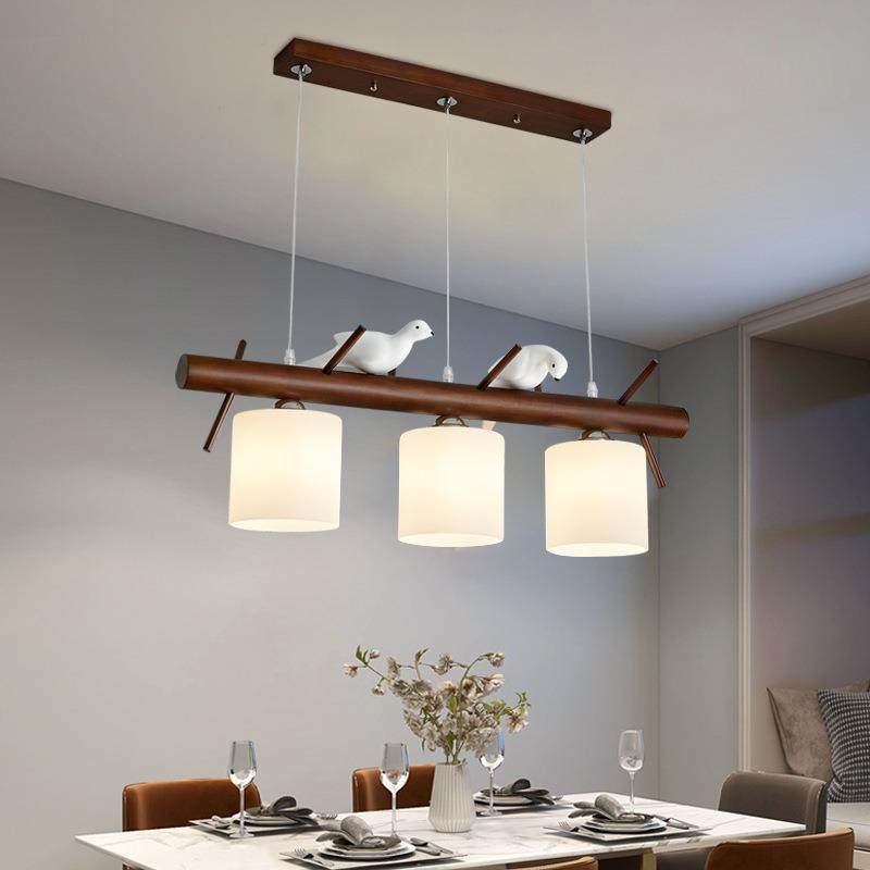 新中式餐厅吊灯橡胶木三头led饭厅灯简约网红小鸟创意餐桌吧台灯