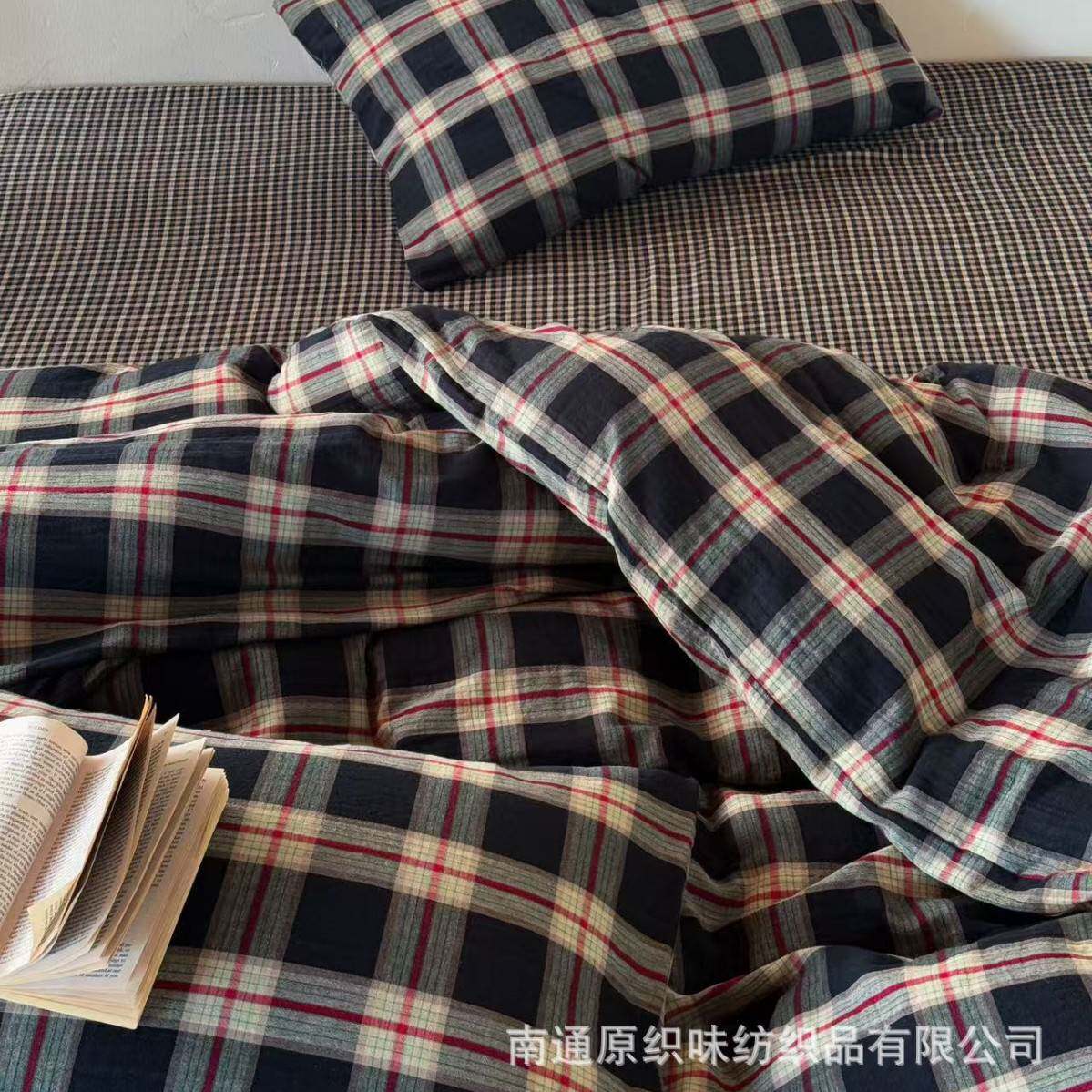 A类复古英伦风格子全棉双层纱四件套简约被套床单纯棉1.8床上用品