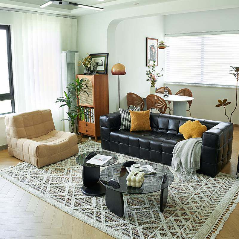 意式极简布艺沙发棉花糖小户型客厅网红黑色直排皮艺双人沙发