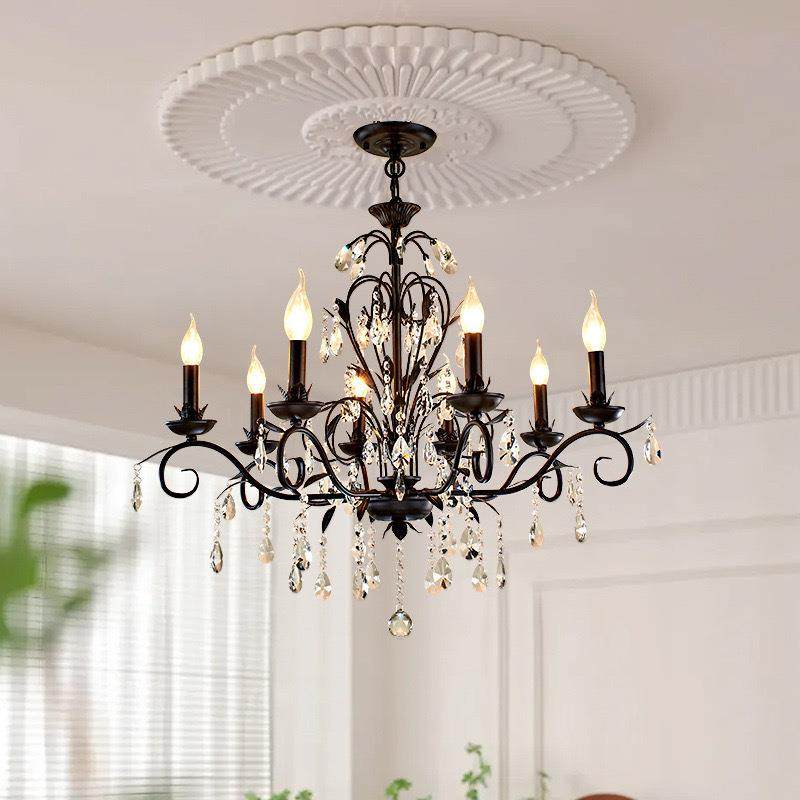 法式黑色水晶吊灯简约复古大气客厅吊灯高端轻奢创意卧室蜡烛灯具
