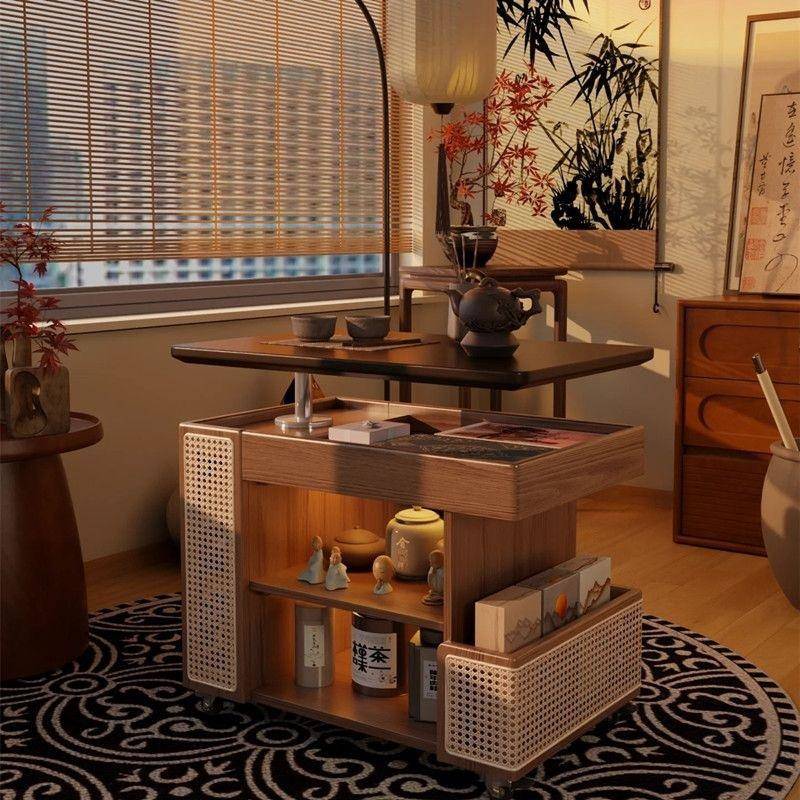 实木升降茶几可移动小推车巴士边几黑胡桃木家用旋转客厅沙发边柜