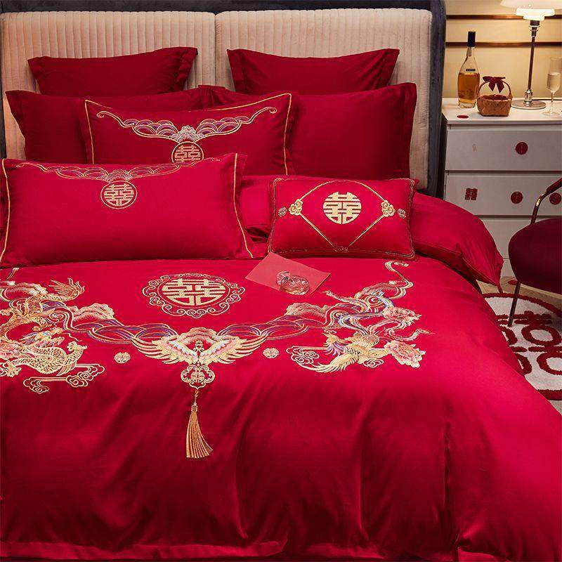 中式床上用品婚房新婚龙凤刺绣大红婚庆四件套婚床新婚结婚床上用