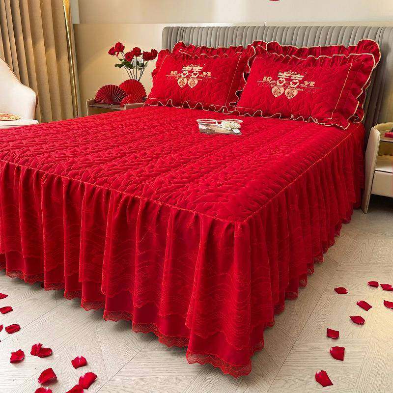 红色结婚床裙单件四季通用婚庆婚房加厚磨毛床罩三件套防滑床套罩
