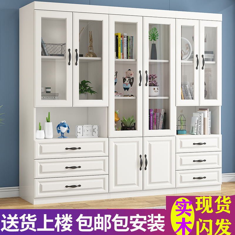 实木书柜一体玻璃门办公储物柜 落地欧式书柜展示架收纳柜子 安装