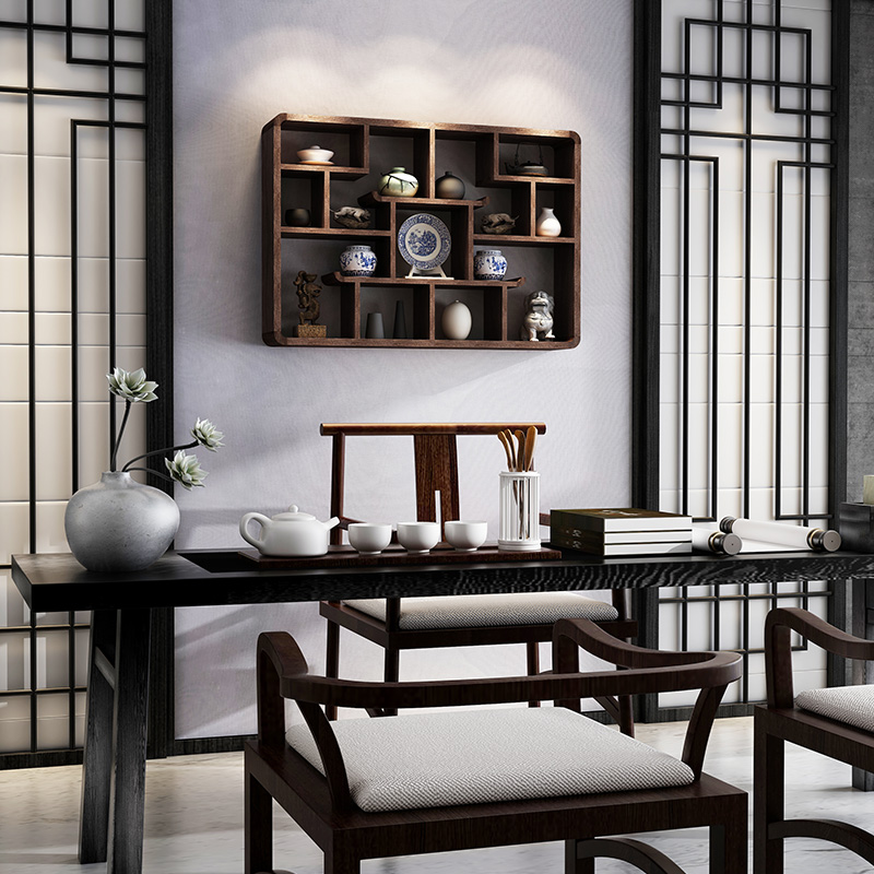 博古架 挂墙 多宝阁 实木中式 茶架 壁挂式 置物架墙上 壁挂 隔断