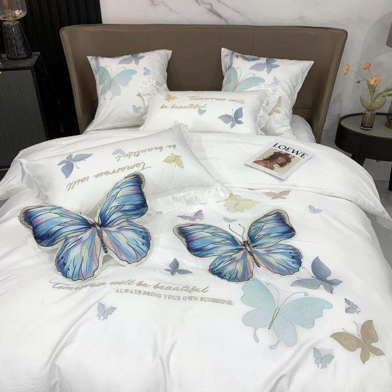 轻奢欧式B516484全棉四件套纯棉蝴刺绣贡蝶被套白色店酒缎风床单