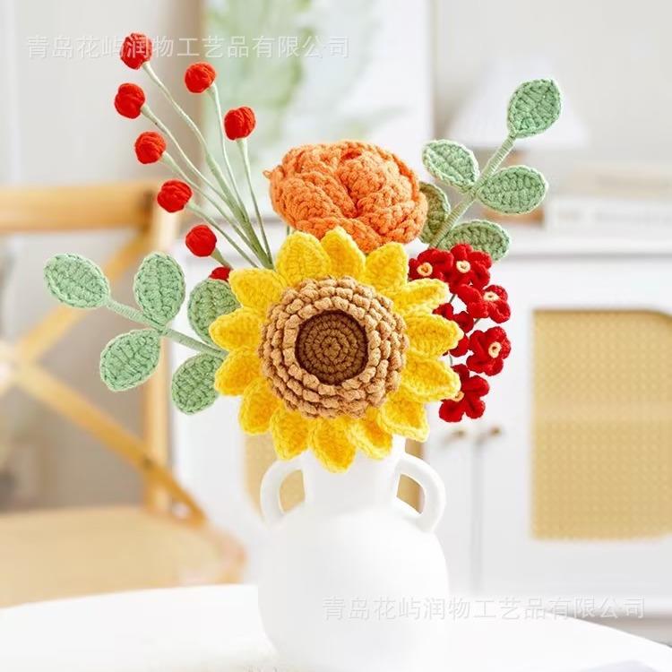 跨境、新款仿真花手工品钩日织毛线花带籽向葵玫瑰成带瓶花桌面摆