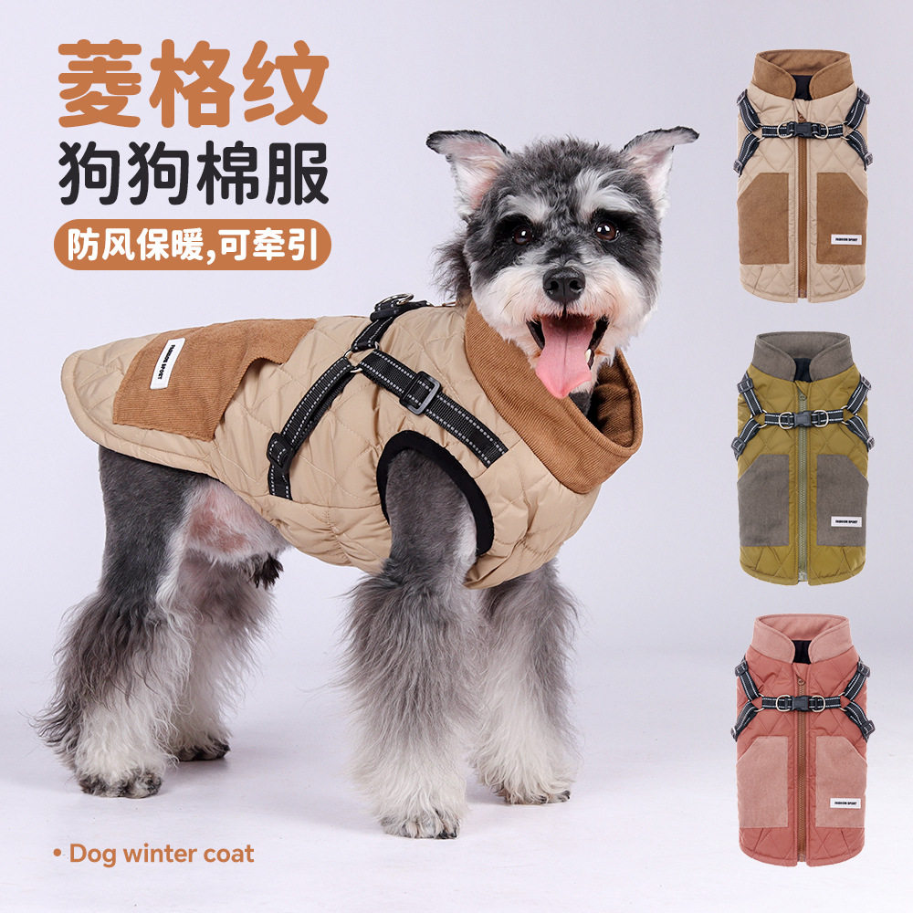 宠物衣服小狗狗羽绒棉服开背式保暖加厚可牵引冬季户外防风摇粒绒