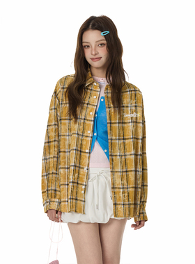 it GROUNDZERO 美式复古男女同款早秋格纹撞色宽松长袖衬衣上衣潮