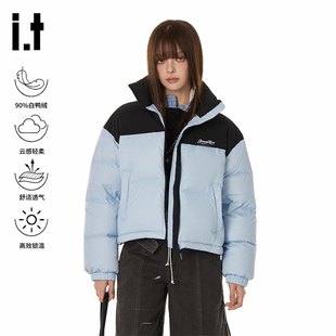it GROUND ZERO撞色拼接90白鸭绒立领外套女短款羽绒服