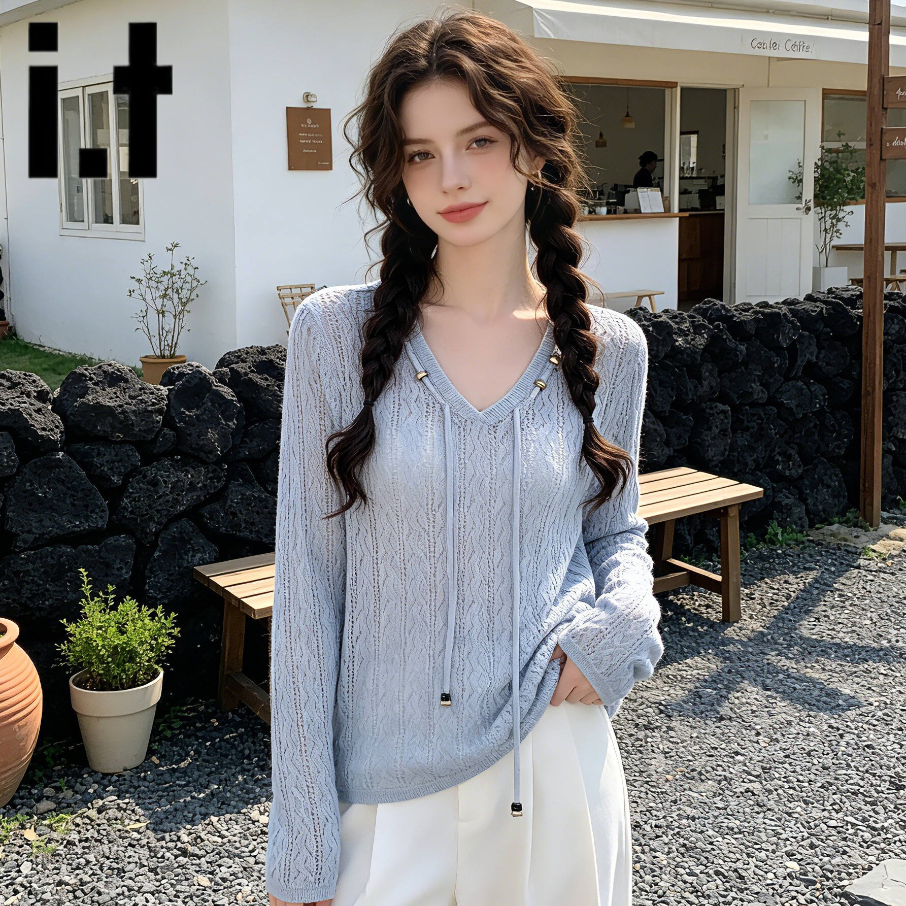 i.tGROUNDZERO韩系镂空针织衫女夏季薄款V领抽绳宽松百搭长袖上衣