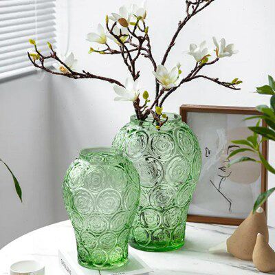 新中式轻奢浮雕玻璃花瓶银莲花大号绿色琥珀色插花器巴洛克白玉兰