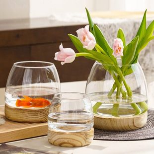 创意简约北欧风玻璃花瓶原木网红水培器皿鱼缸餐桌客厅插花装饰