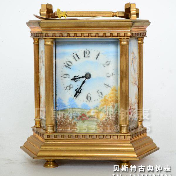 中型六角皮套钟表|仿古董机械座钟|西洋古玩收藏纯手工制作|古钟