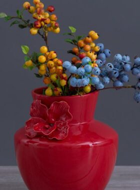 中式陶瓷大红花瓶蓝色花器摆件客厅餐桌面卧室茶几装饰品插花器皿