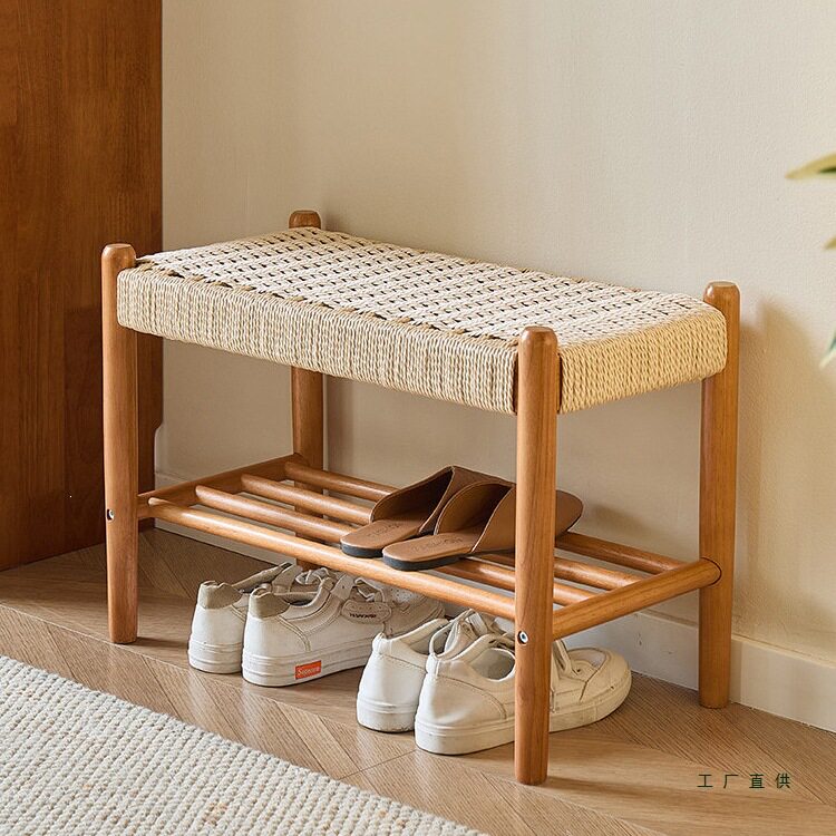 实木换鞋凳家用入户门口绳编穿鞋凳矮凳子玄关长板凳鞋架坐凳一体
