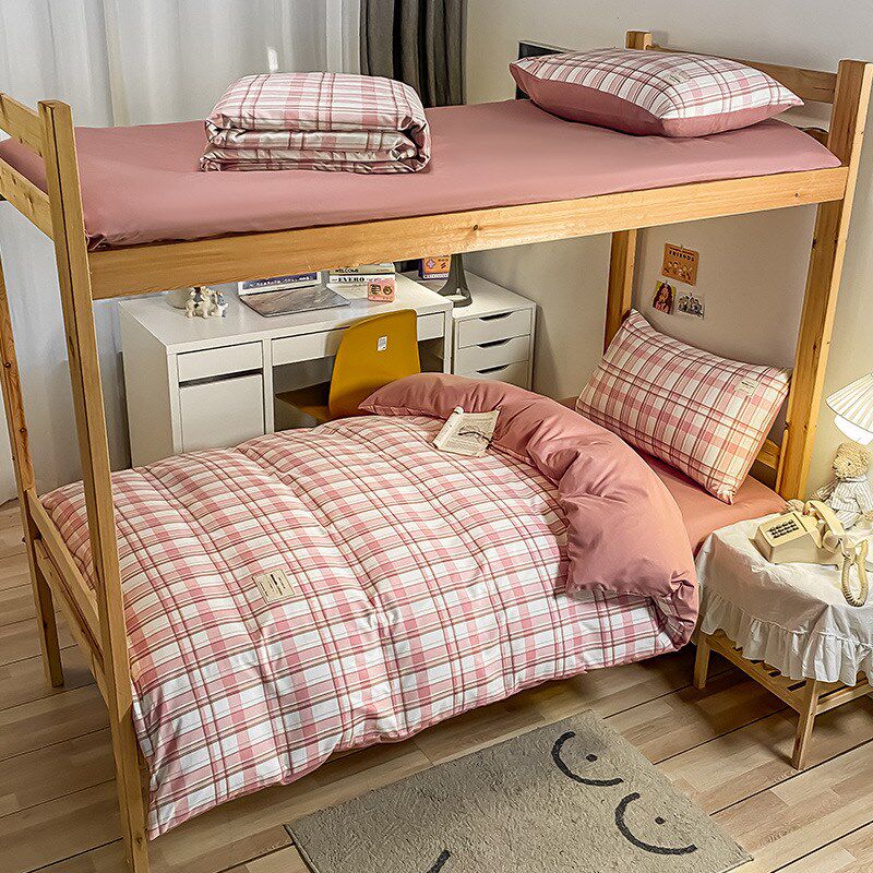 大学生床上用品单人三件套格子床单被套纯色三件套学生宿舍六件套