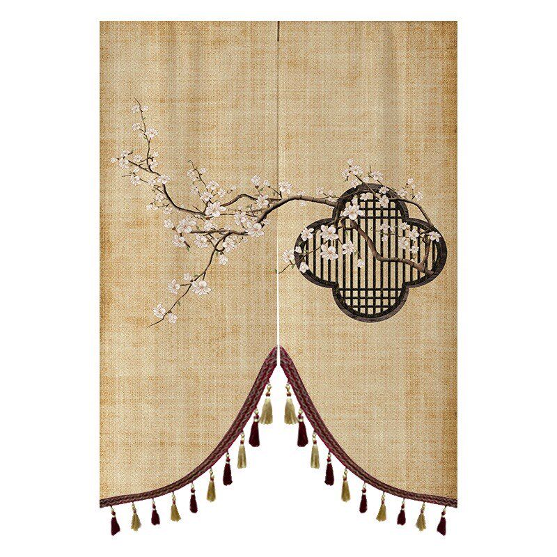 门帘布艺免打孔卧室餐厅厨房中式挂帘隔断帘窗花玉兰茶室布帘流苏
