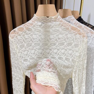 杏色木耳边蕾丝内搭小衫女薄款秋C冬洋气半高领网纱打底衫内衬纱