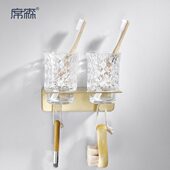 轻奢黄铜壁挂牙刷架全铜漱口杯架卫生间免打孔置物架双杯架牙具架