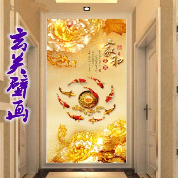 九鱼图招财玄关装饰壁画进门墙竖版过道走廊背景墙壁纸墙纸新中式,家装主材,无纺布墙纸,淘宝优惠券,粉丝福利购,淘宝优惠卷