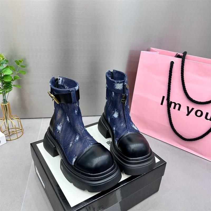 新款厚底中筒马丁靴女年新款做旧牛仔布机车靴粗跟后拉链短筒靴潮,女鞋,骑士靴,淘宝优惠券,粉丝福利购,淘宝优惠卷