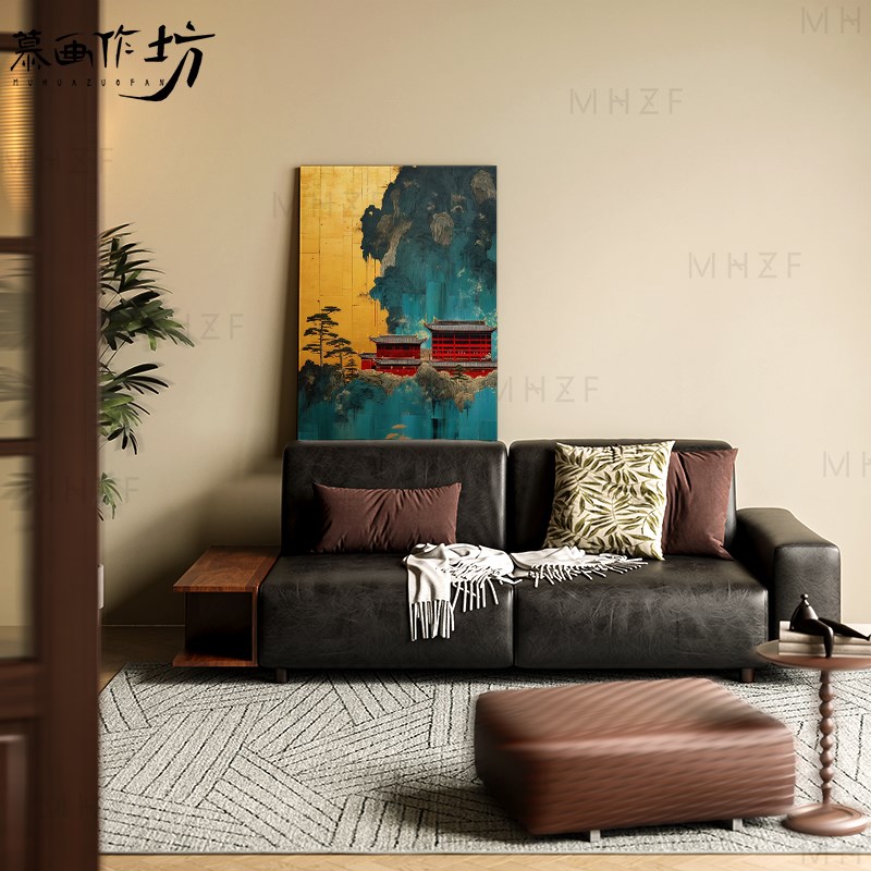 慕画【手绘漆画】鎏金建筑图装饰画客厅书房挂画玄关走廊墙壁壁画图片