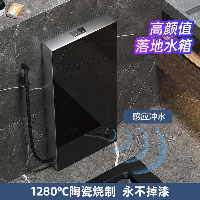 237卫生间黑色蹲便器蹲坑式防水臭便蹲池家用落冲地水箱感应箱套