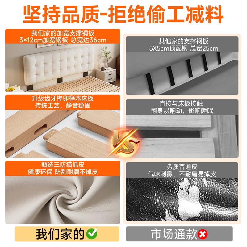 全实木榉木床可定制任意尺寸小户型C薄床头齐边床1.5米排骨架床架