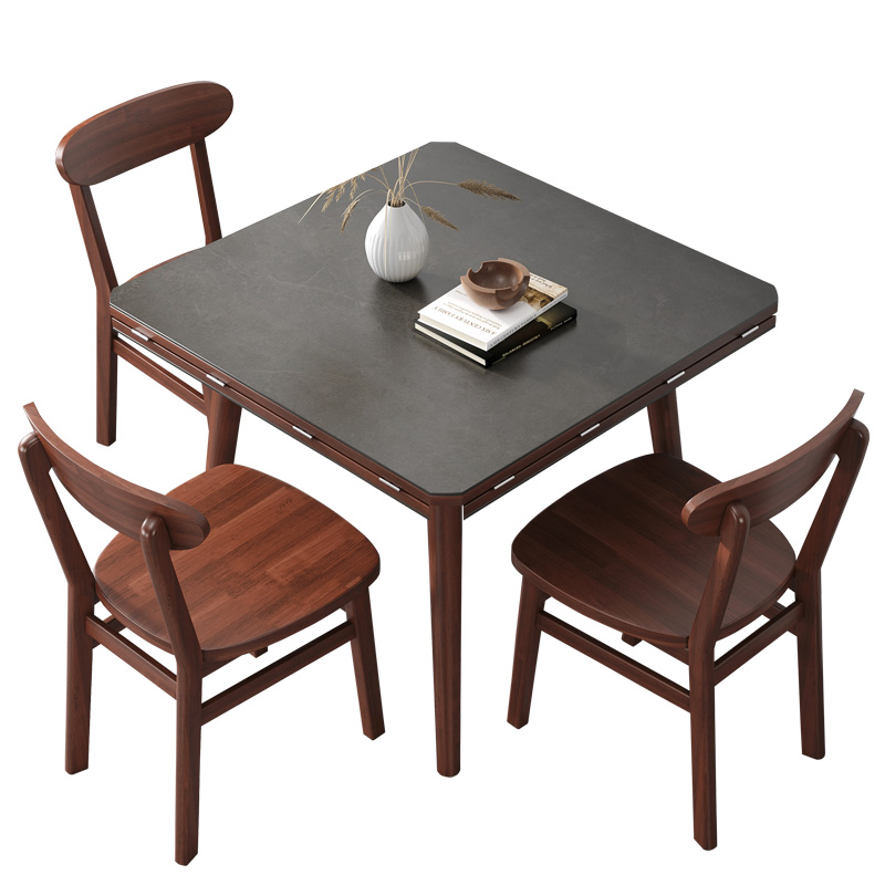 北欧胡桃色岩板折叠餐桌椅组合多功能电磁炉小户S型家用方变圆饭
