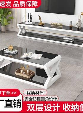 客厅电柜钢化玻璃厅客柜简PEL约现代漆茶几电视视柜组合铁艺烤茶