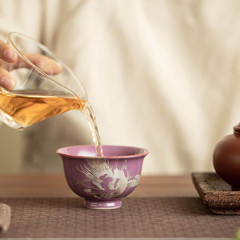 高颜值紫釉凤杯主人杯便花瓣杯带银携棉麻收纳袋杯袋A13920户外旅