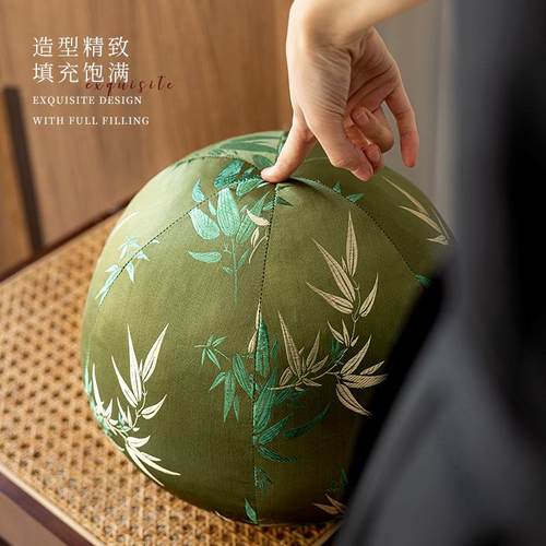 新中式客厅圆竹沙发抱枕氛围ali-7594感绿形色子靠垫圆球轻奢高背