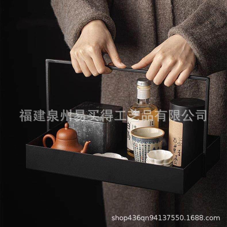 新铁艺提色篮黑茶托具配件风收纳盒茶棚茶盘古样板间装0611饰摆件