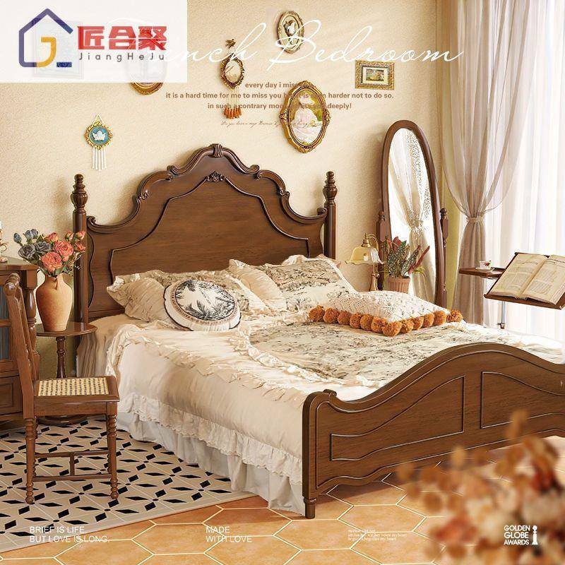 式古实木床家用简约主卧1.8复双人床法式轻奢.5雕花LUM婚美床1储